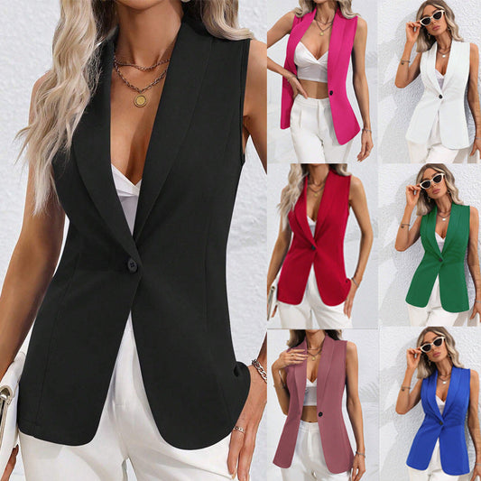 Women's Sleeveless Single-Button Cardigan Jacket – Round Neck
