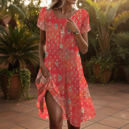 Ethnic Print Midi Dress – Scoop Neck Geometric Pattern Boho Dress