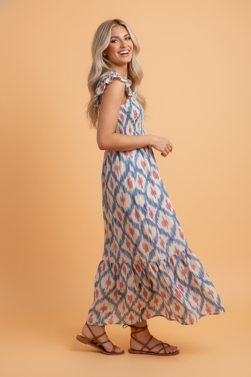 Boho Geometric Smocked Square Neck Ruffle Dress
