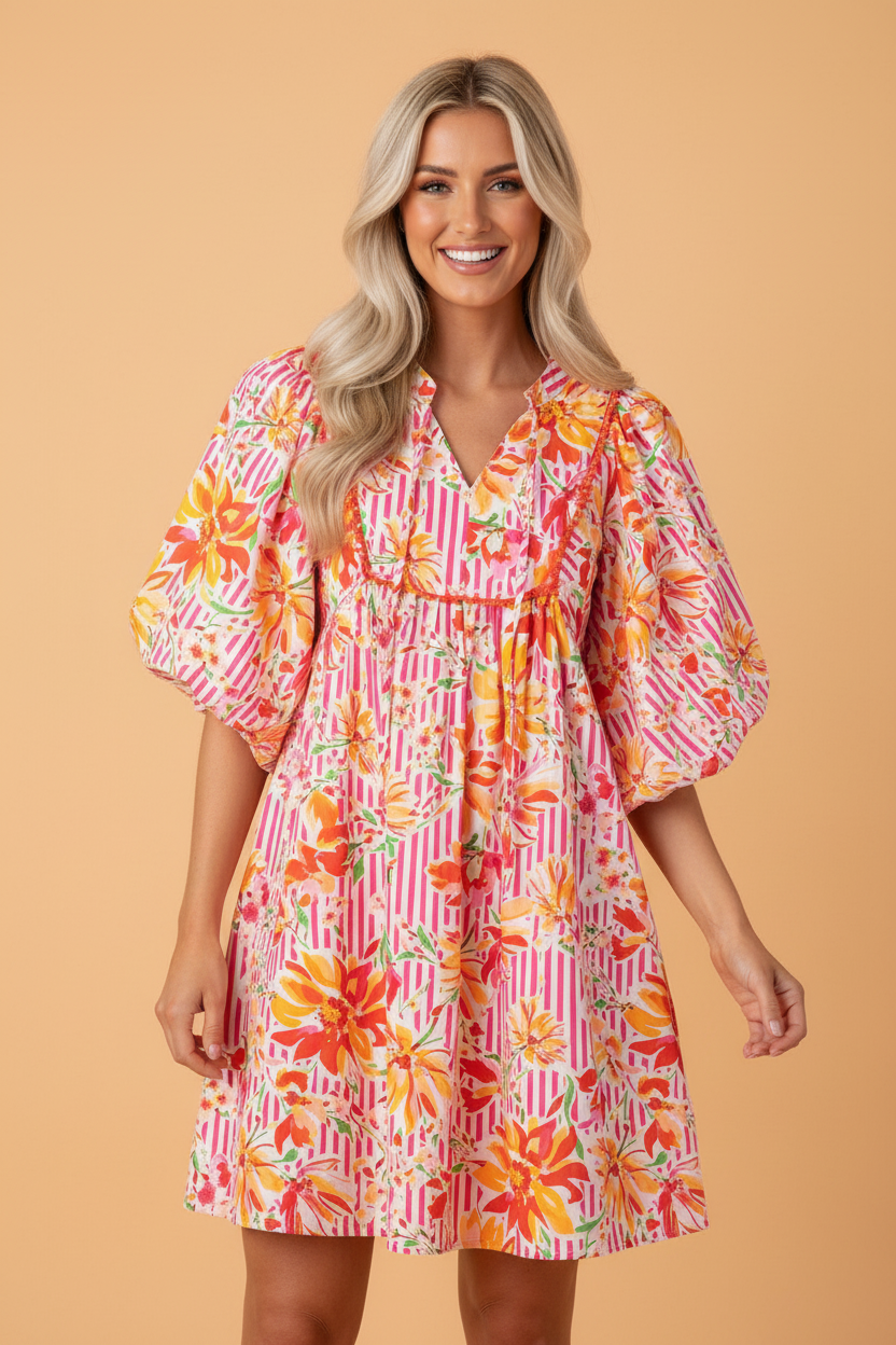 Floral Stripe Tie Neck Puff Sleeve Mini Dress