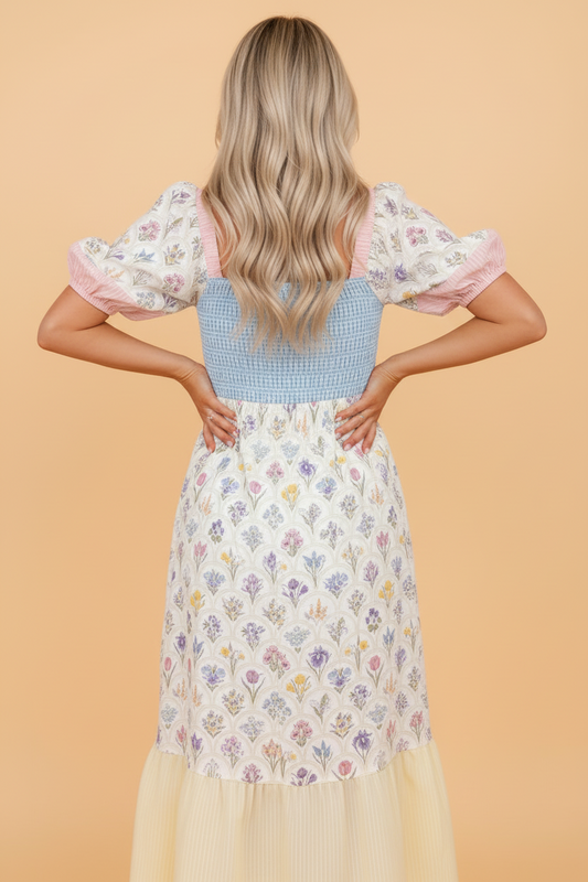 Floral Stripe Colorblock Square Neck Shirred Dress