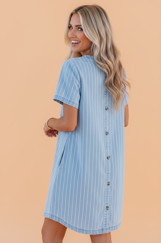 Stripe Denim Buttoned Back Mini T-Shirt Dress