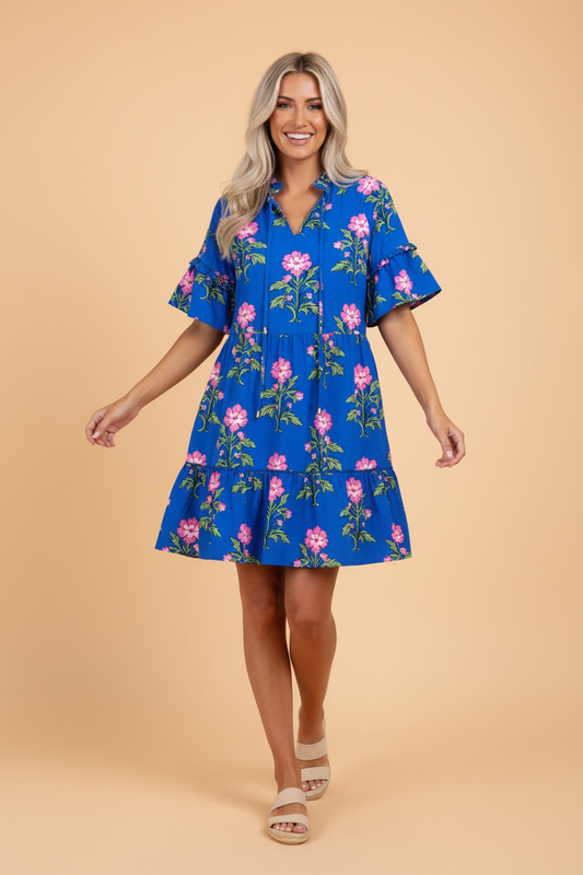 Floral Tie V-Neck Short Sleeve Mini Dress