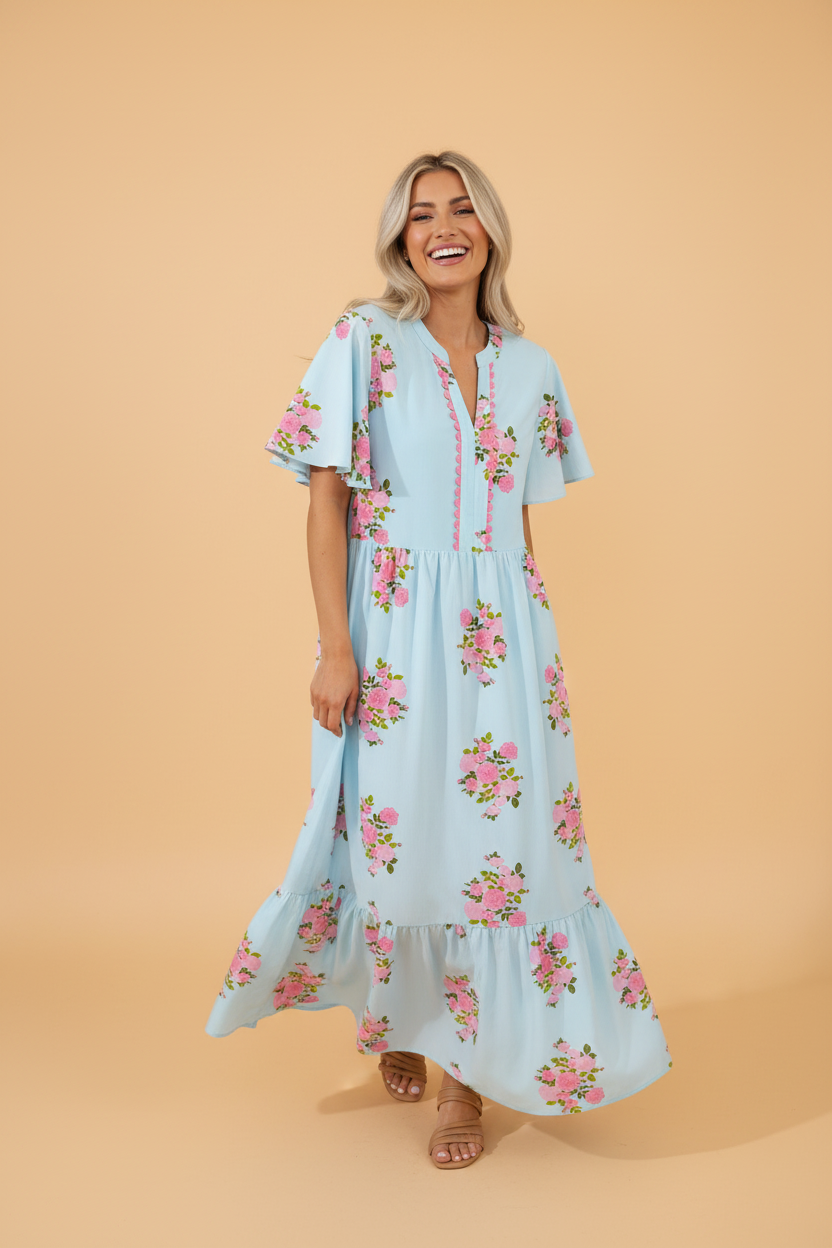 Floral Notched Neck Flutter Sleeve Maxi Dress