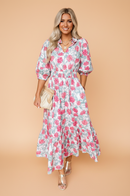 Floral Tie V-Neck Puff Sleeve Midi Dress