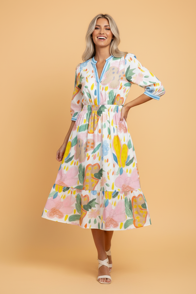 Floral Stripe Trim V-Neck Midi Dress