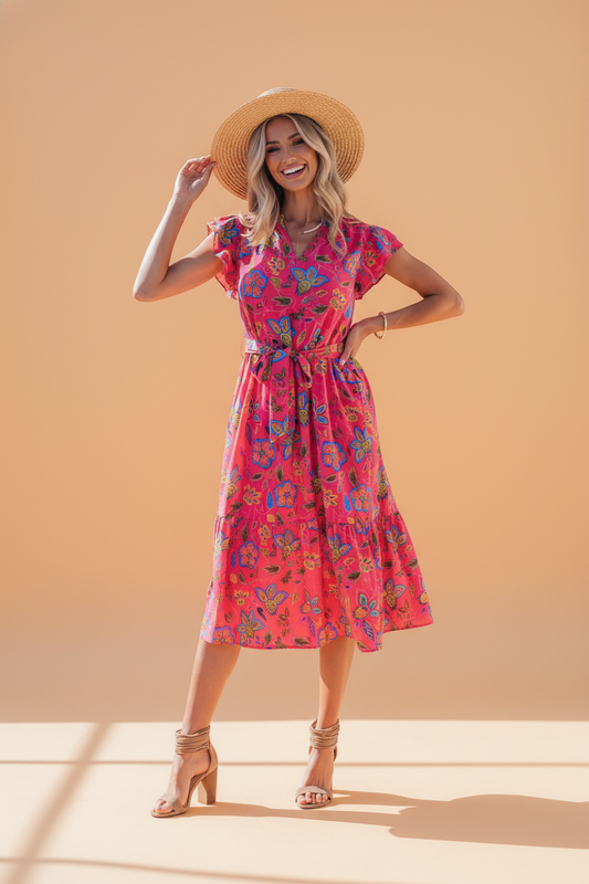 Floral Flutter Sleeve V-Neck Belted Midi Dress