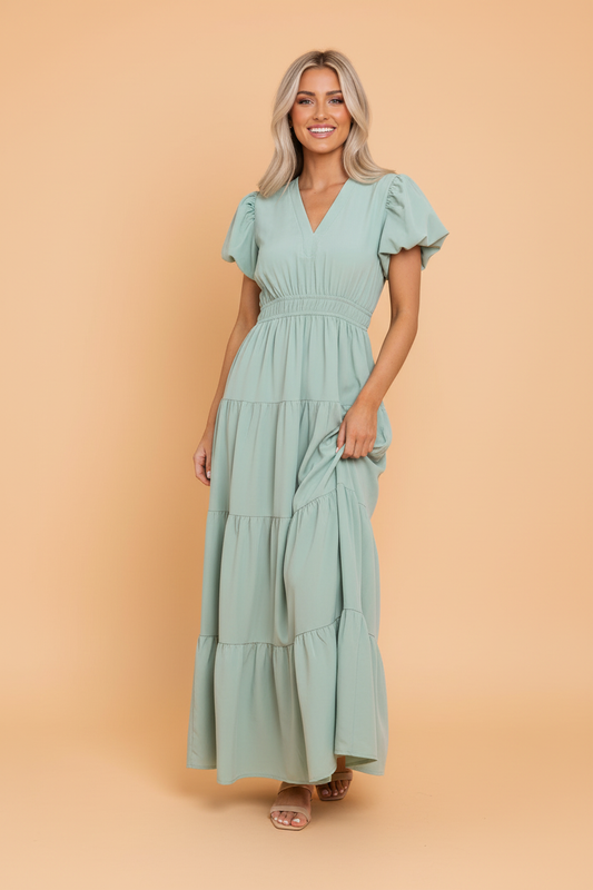 Solid V-Neck Short Puff Sleeve Tiered Maxi Dress