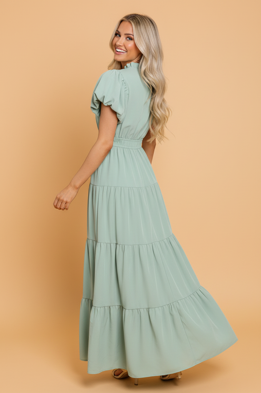 Solid V-Neck Short Puff Sleeve Tiered Maxi Dress
