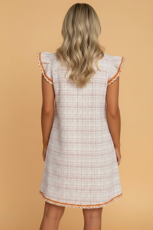 Plaid Textured Contrast Trim Tassel-Tie Mini Dress