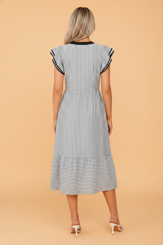 Stripe Contrast V-Neck Flutter Sleeve Midi Dress