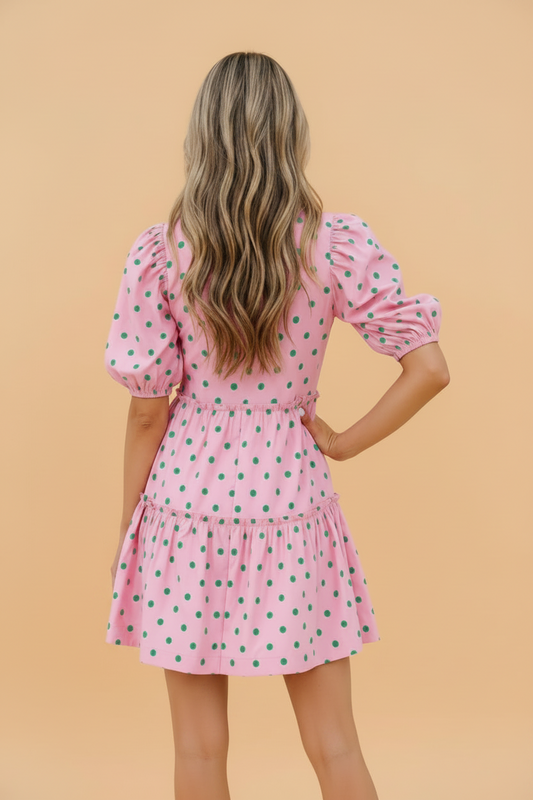 Polka Dot V-Neck Short Sleeve Tiered Mini Dress