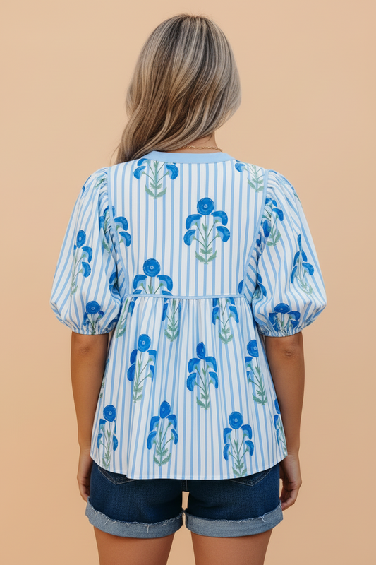 Floral Tie Neck Puff Sleeve Blouse