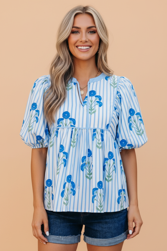 Floral Tie Neck Puff Sleeve Blouse