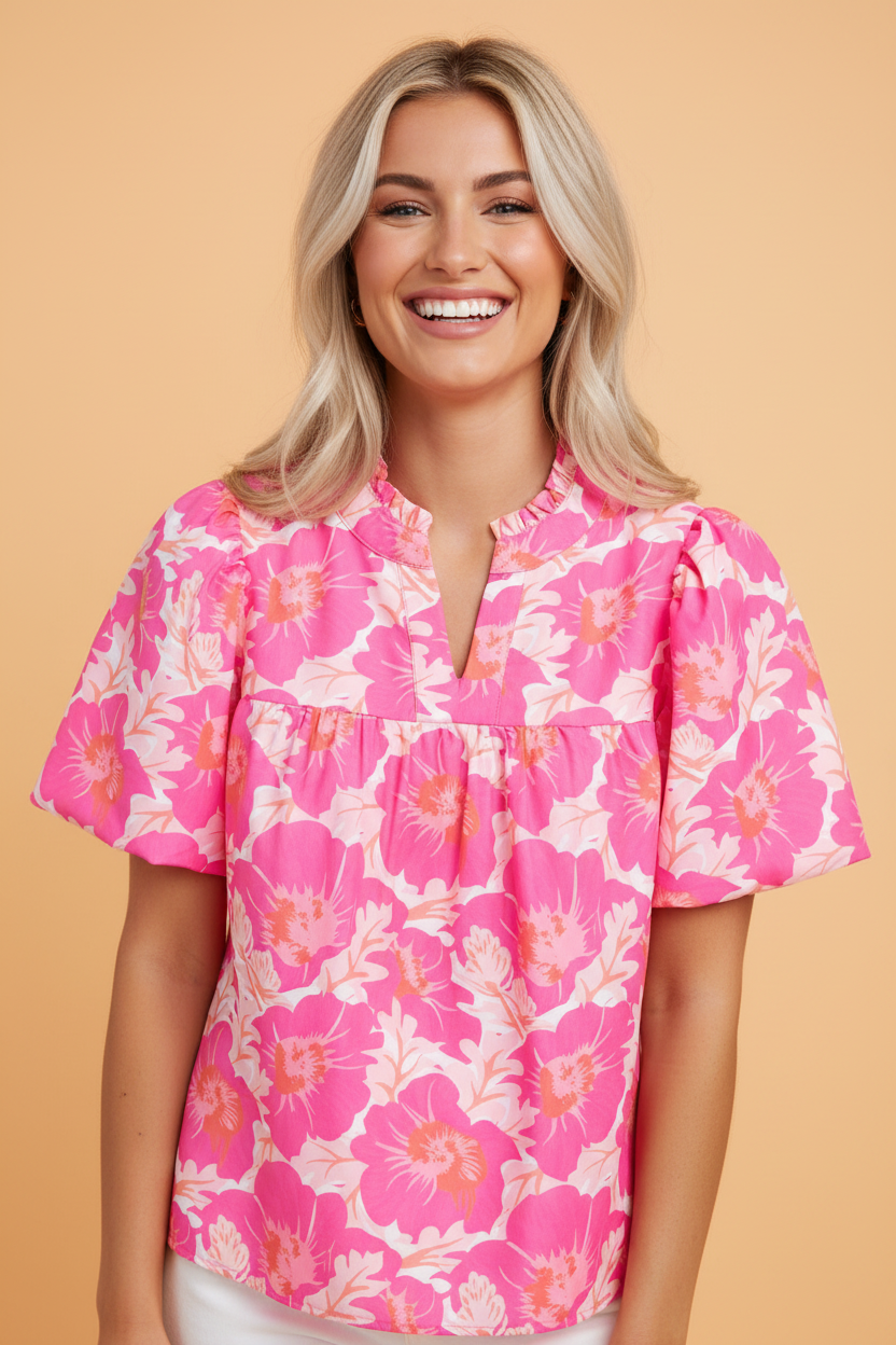 Floral Short Bubble Sleeve V-Neck Blouse