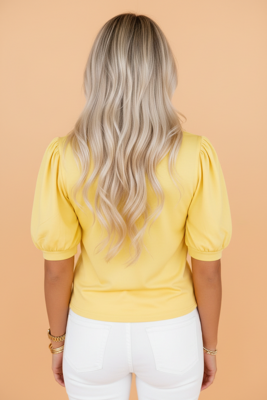 Solid V-Neck Short Puff Sleeve Blouse