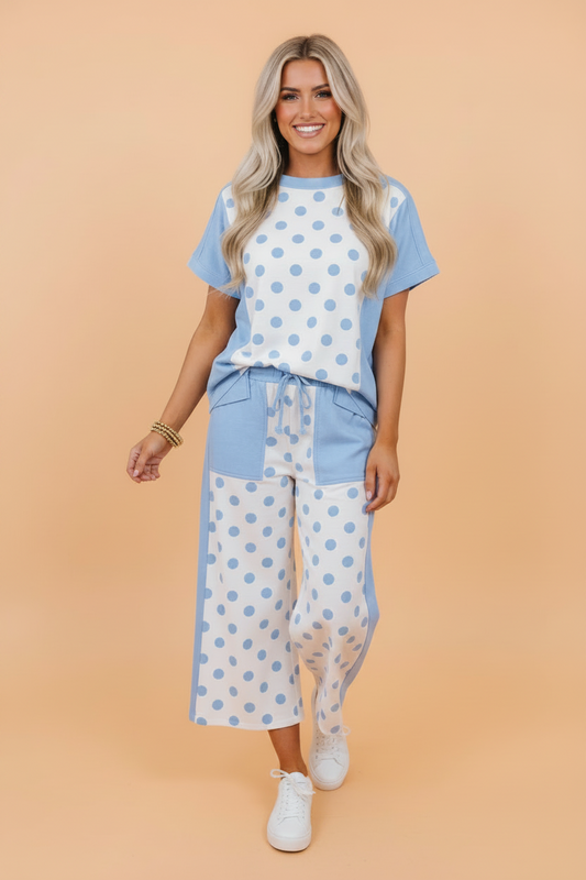 Polka Dot Colorblock Top & Wide Leg Pants Set
