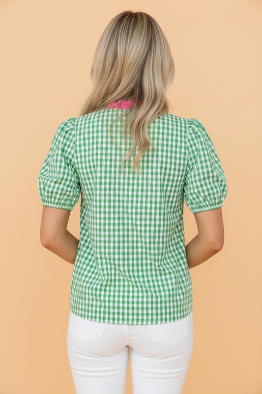 Gingham Bubble Sleeve Colorblock Trim V-Neck Blouse