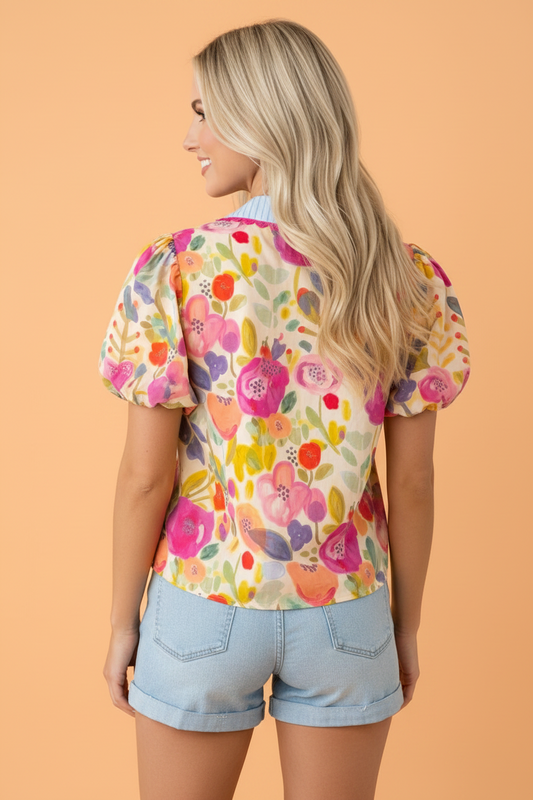 Floral V-Neck Puff Sleeve Cotton Blouse