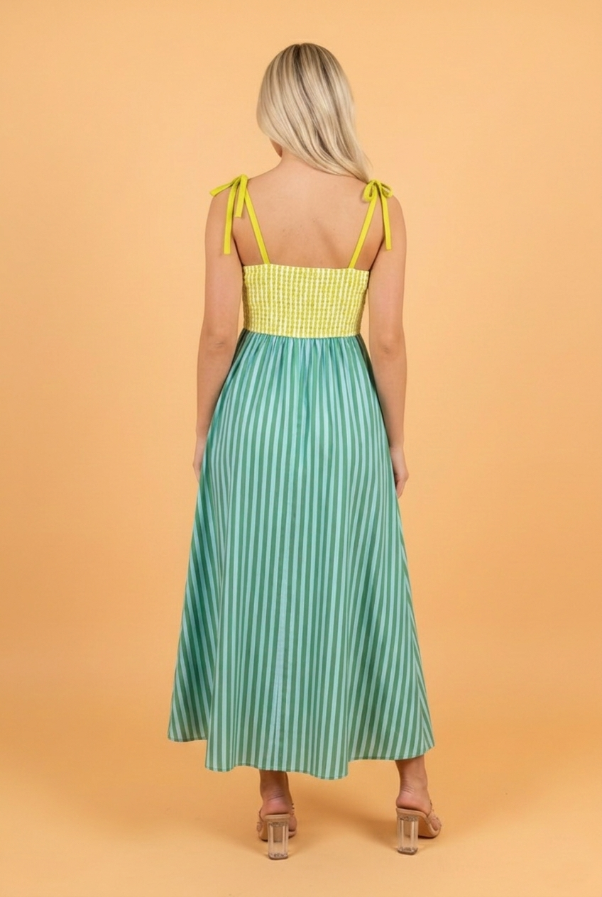 Stripe Scalloped Contrast Patchwork Knot Strap Midi Dress
