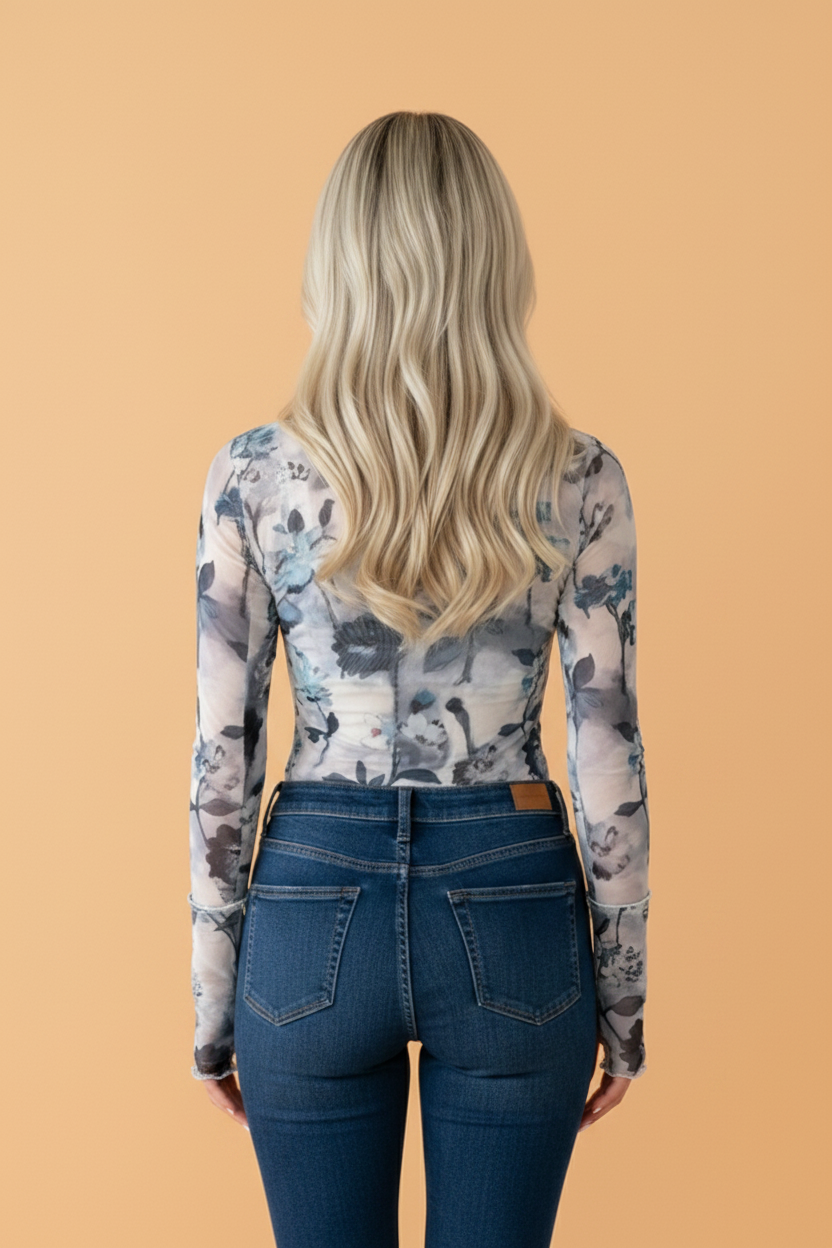 Floral Mesh High Neck Long Sleeve Sheath Top