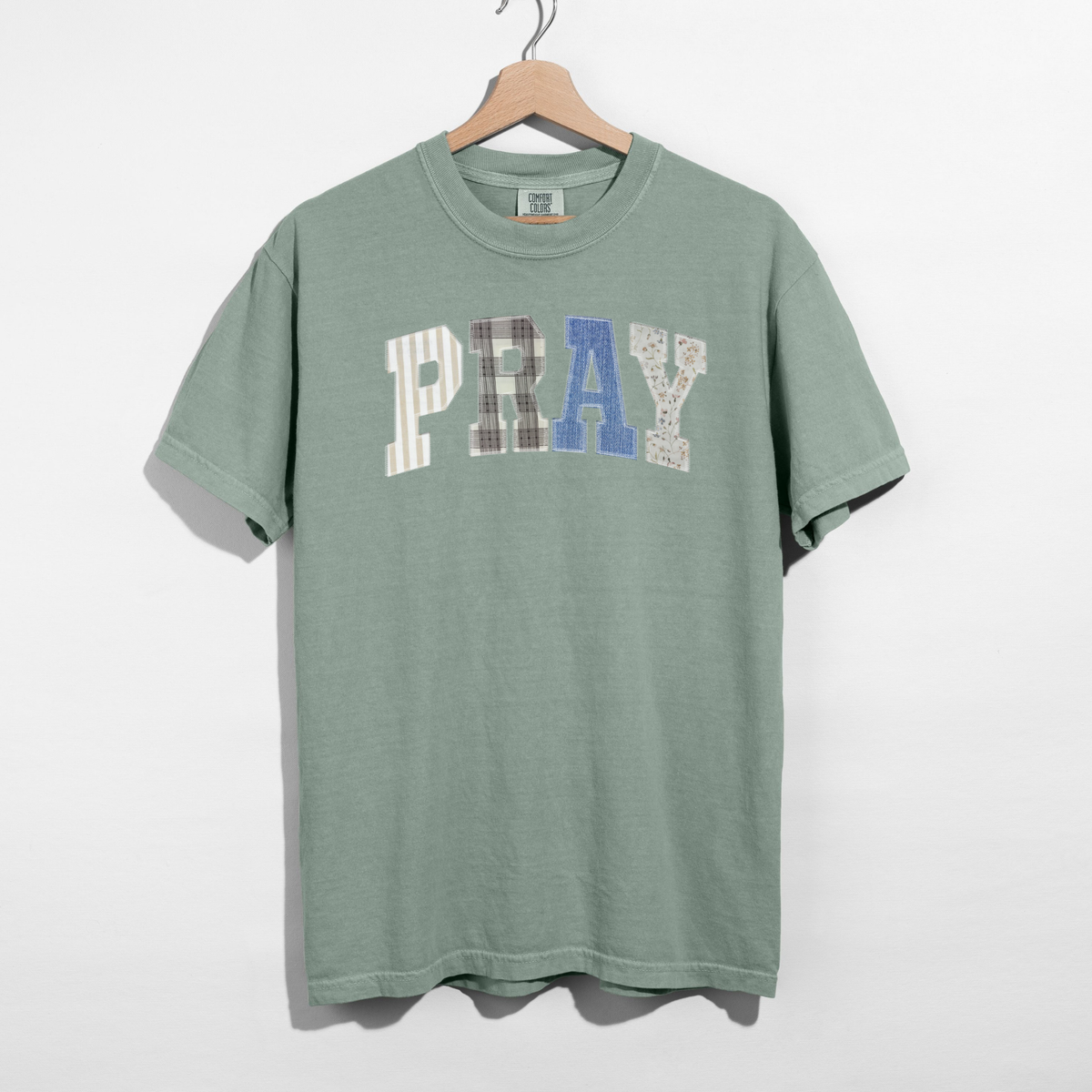 PRAY Faux Patchwork Graphic Tee – Vintage Faith Shirt