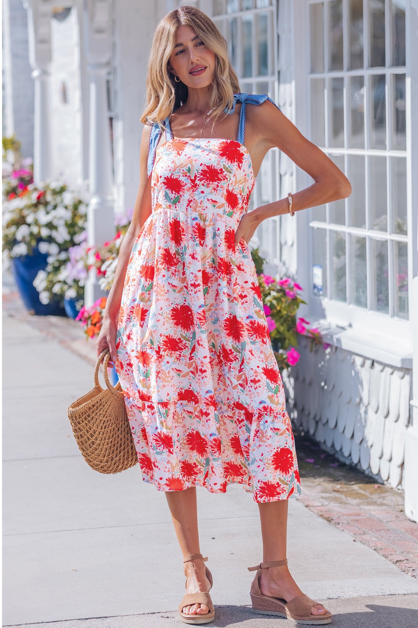 Floral Denim Tie Strap High Waist Maxi Dress
