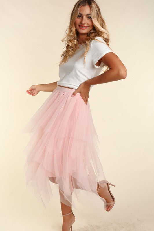 PLUS ASYMMETRIC TIERED TULLE MIDISKIRT WITH LINING