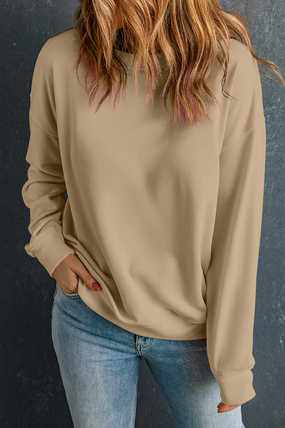 Solid Drop Shoulder Crewneck Pullover Sweatshirt