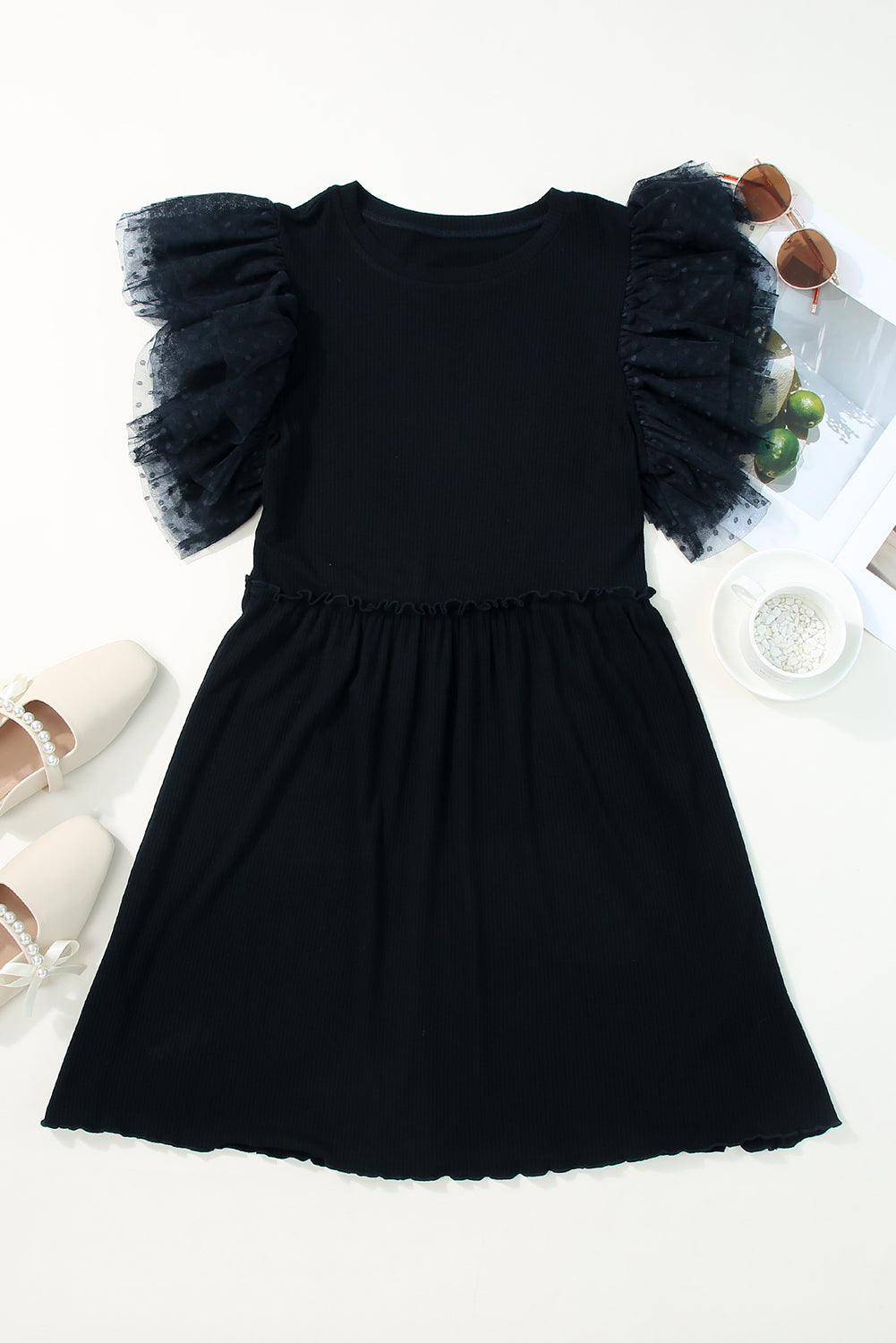 Dotted Mesh Ruffle Sleeve Ribbed Babydoll Dress