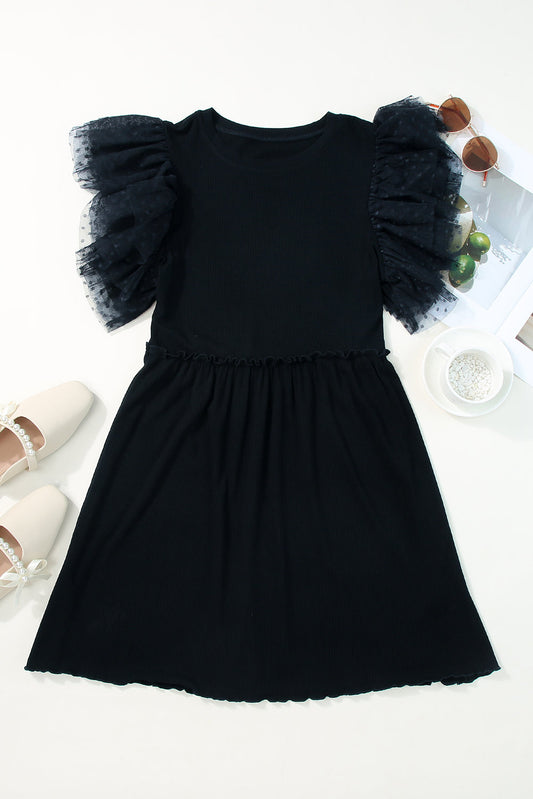 Dotted Mesh Ruffle Sleeve Ribbed Babydoll Dress