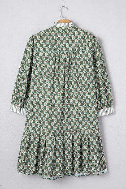 Plus Size Floral Stripe Contrast 3/4 Sleeve Dress