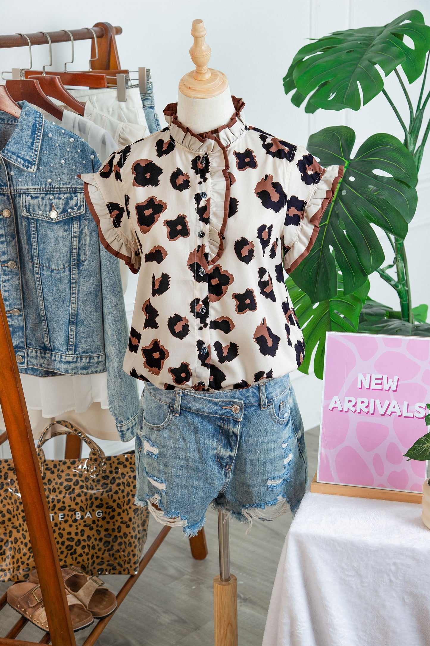 Leopard Ruffle Sleeve Button Up Blouse