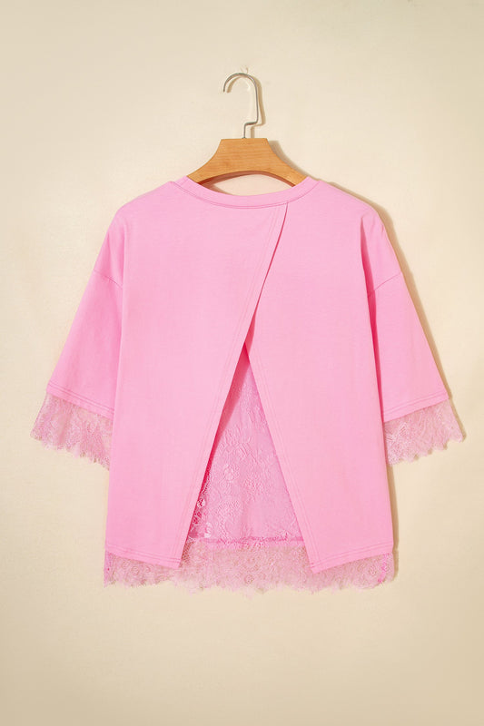 Floral Eyelash Lace Patchwork 3/4 Sleeve Tee