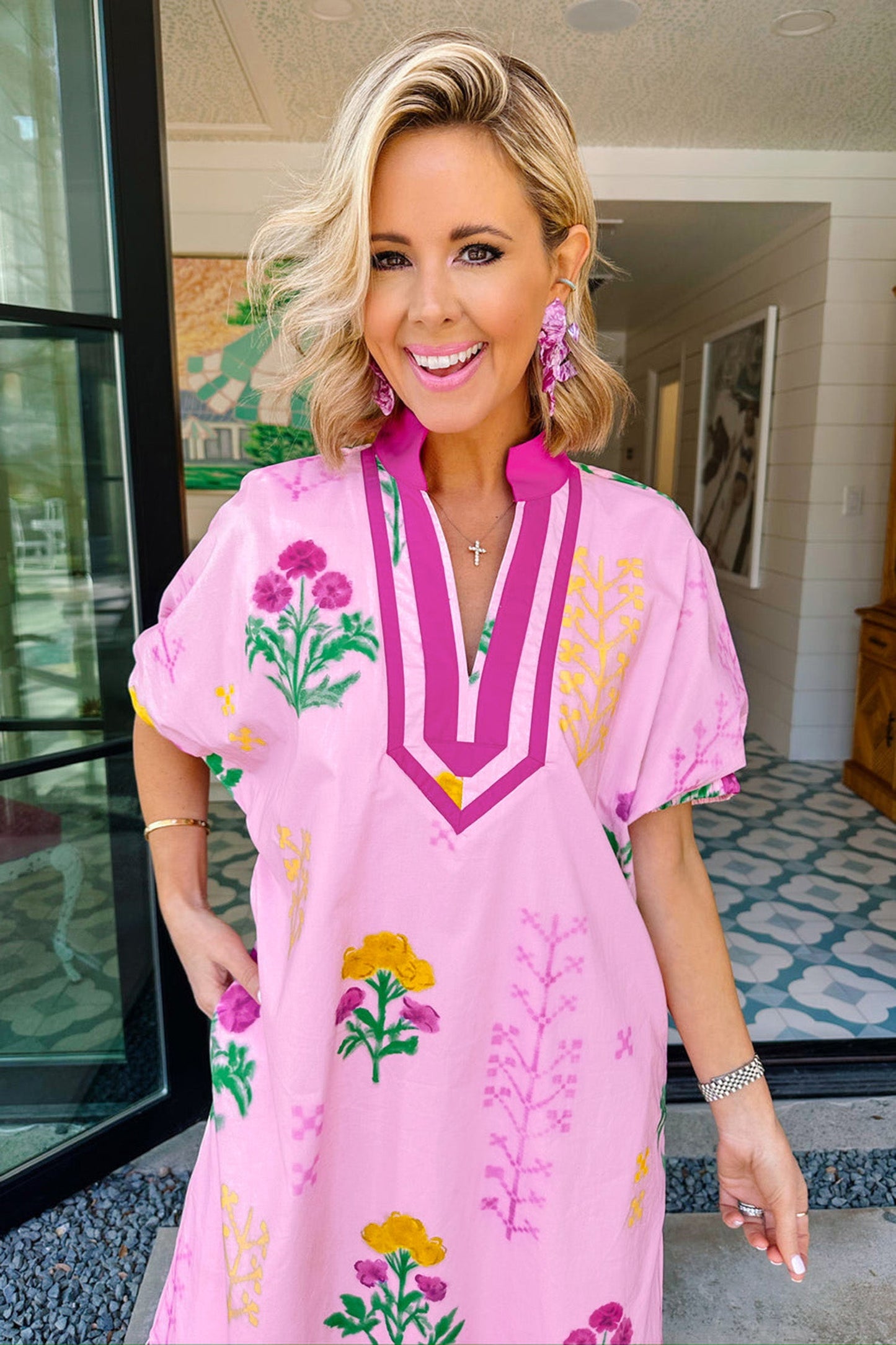 Floral Colorblock Trim V-Neck Midi Dress