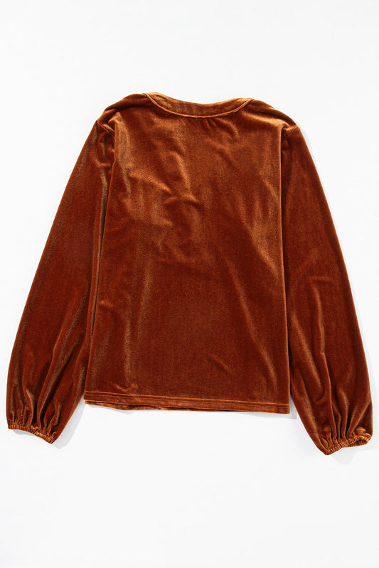 Velvet Lantern Sleeve Beaded V-Neck Blouse