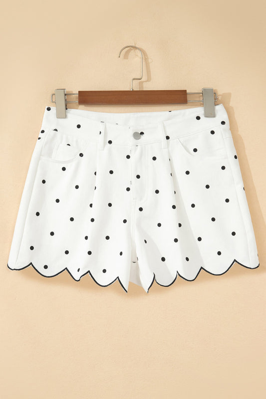 Polka Dot Denim Embroidered Scallop Hem Shorts