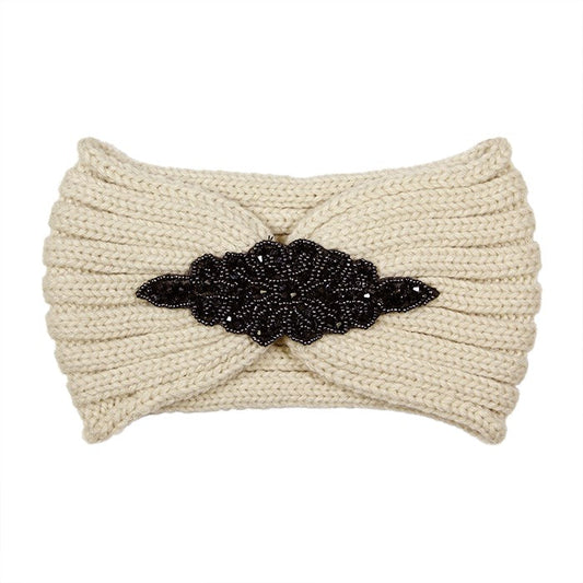 Beaded Flower Applique Knit Headband Earmuff Ear Warmer