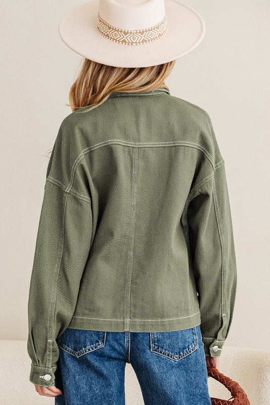 Denim Button-Up Patch Pocket Collared Jacket