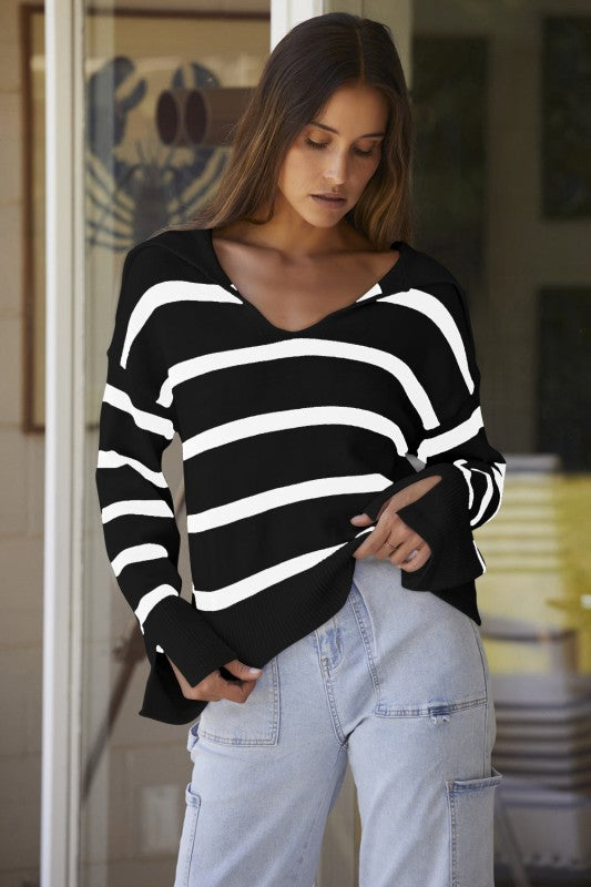 Stripe Caped V-Neck Slit Sleeve Sweater - Black – women's boutique fashion