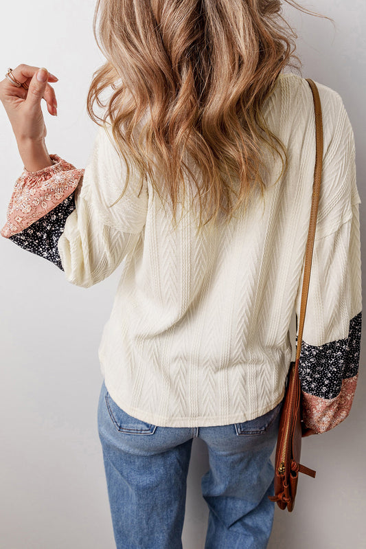 Floral Patchwork Textured Knit V-Neck Blouse