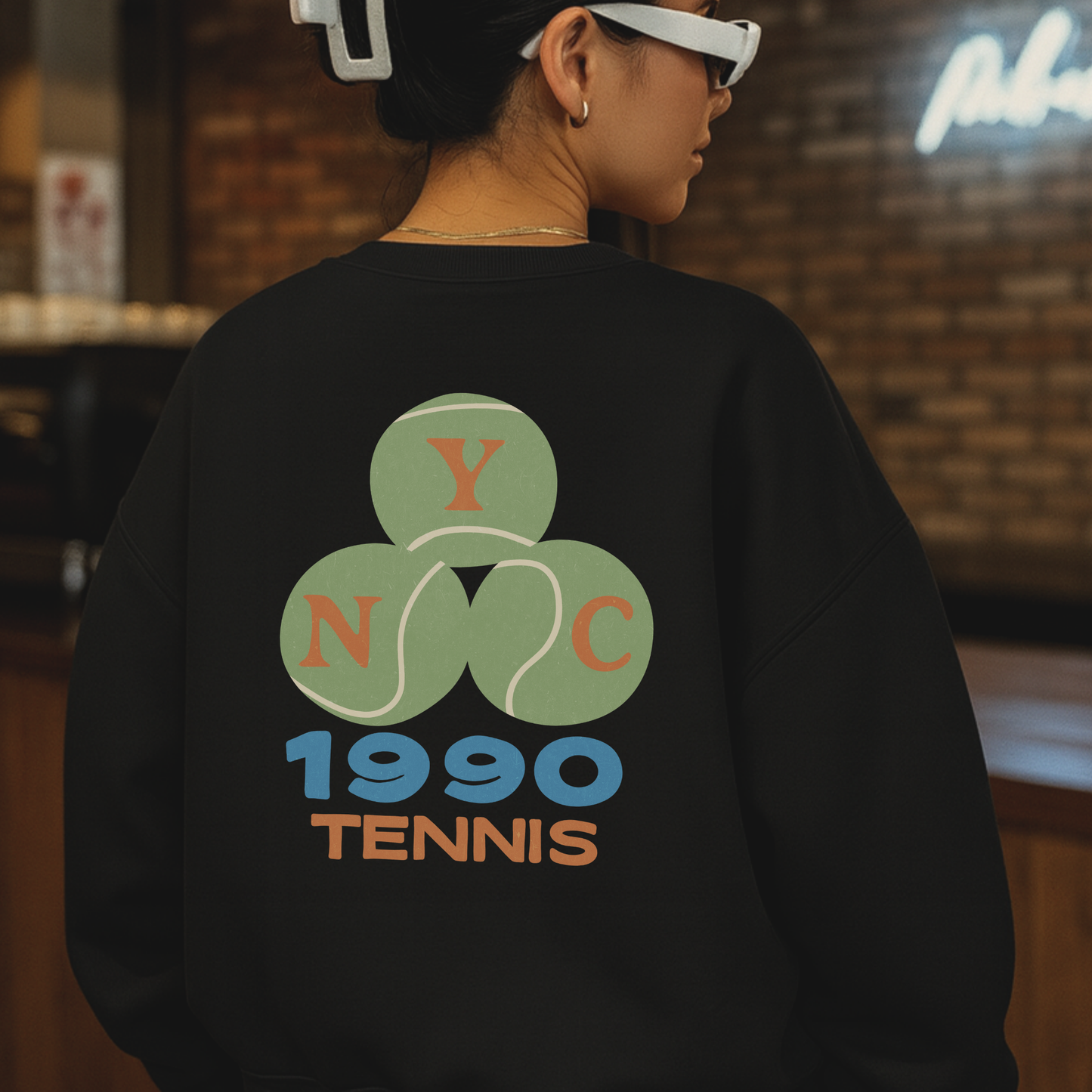 NYC 1990 Tennis Crewneck Sweatshirt – Vintage Sport Graphic Pullover