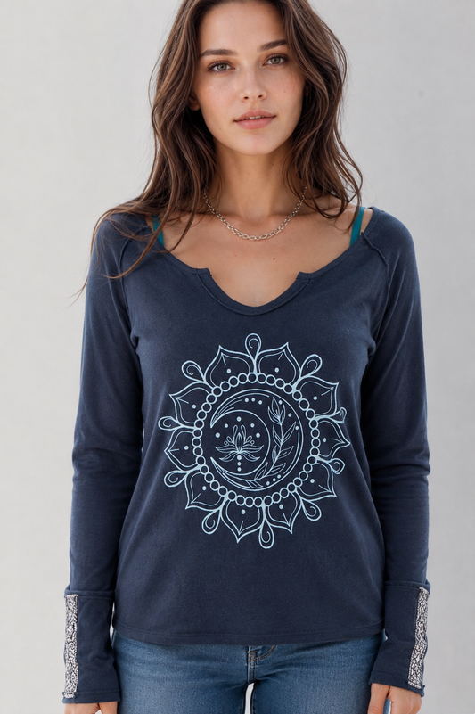 Moon Mandala Navy Cotton V-Neck