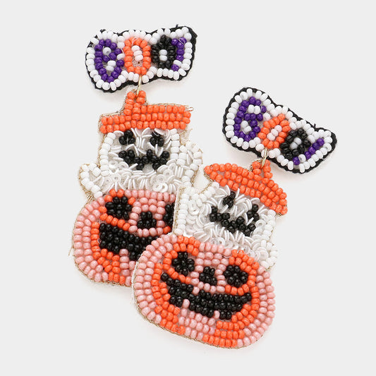 Boo! Message Felt Back Sequin Seed Beaded Ghost Pumpkin Link Dangle Earrings