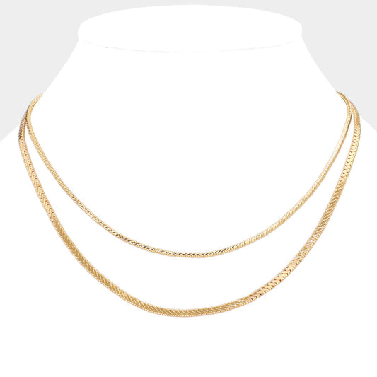 Brass Metal Double Layered Chevron Chain Necklace