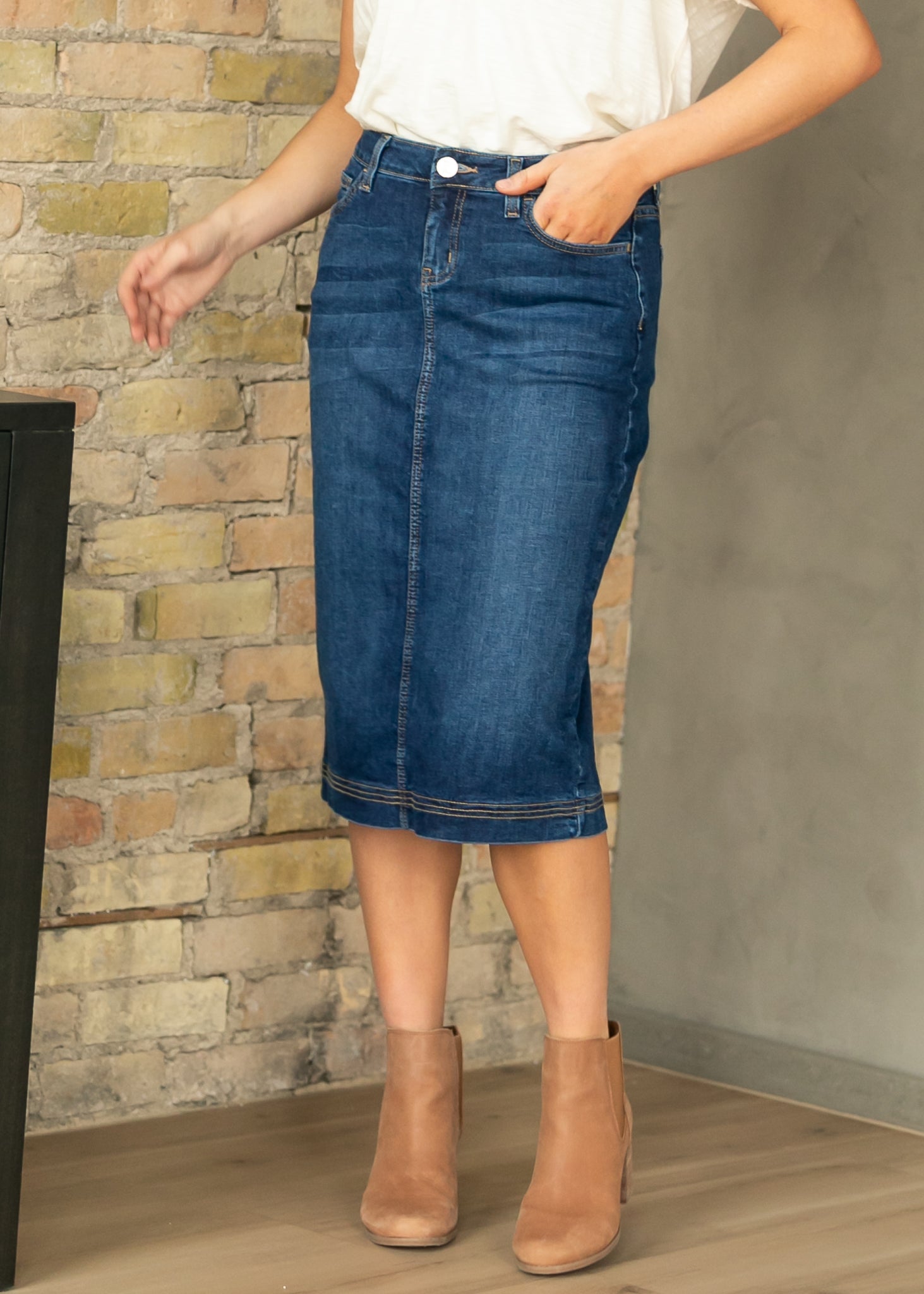 Bryn Dark Wash Denim Midi Skirt Dress