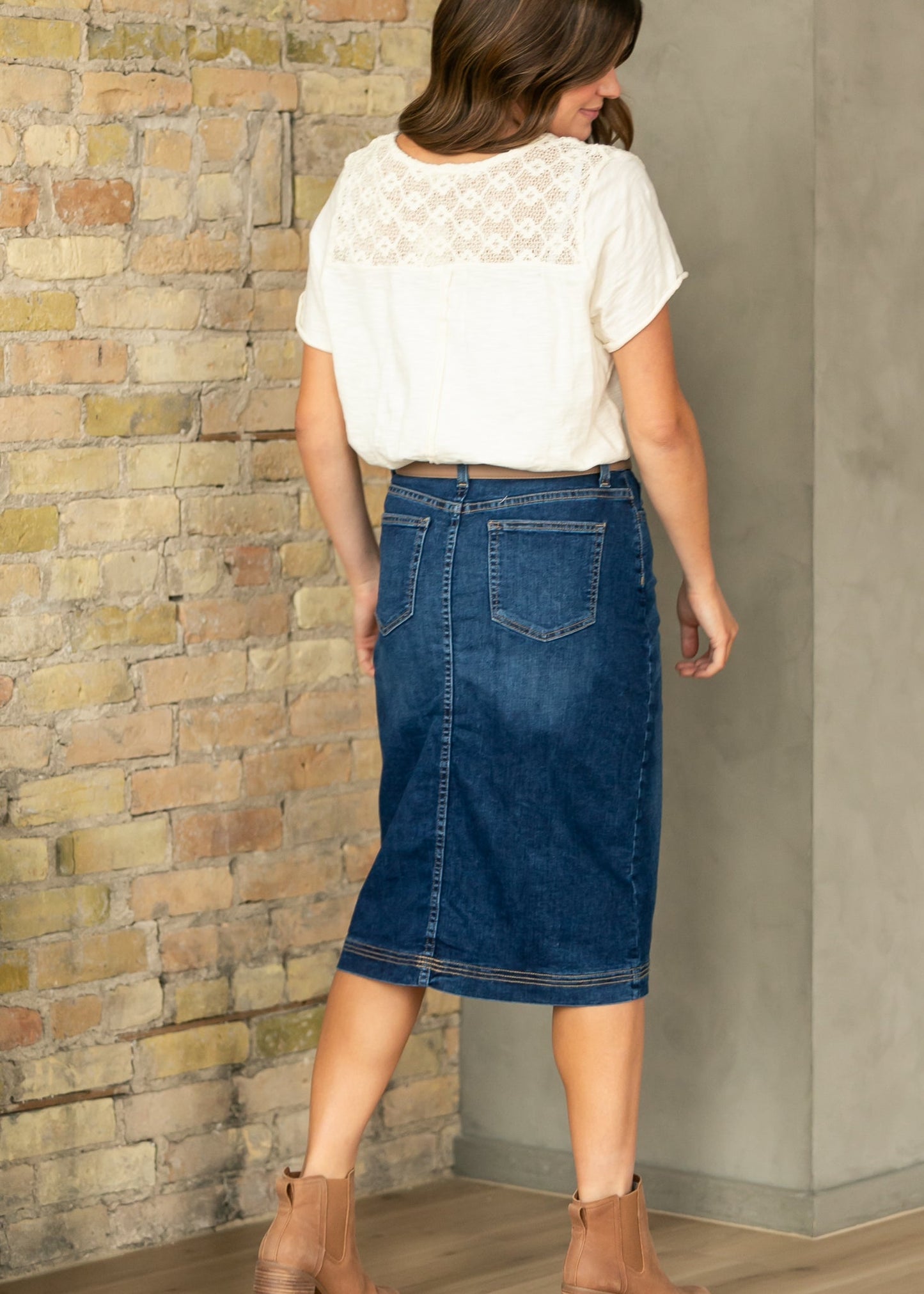 Bryn Dark Wash Denim Midi Skirt Dress