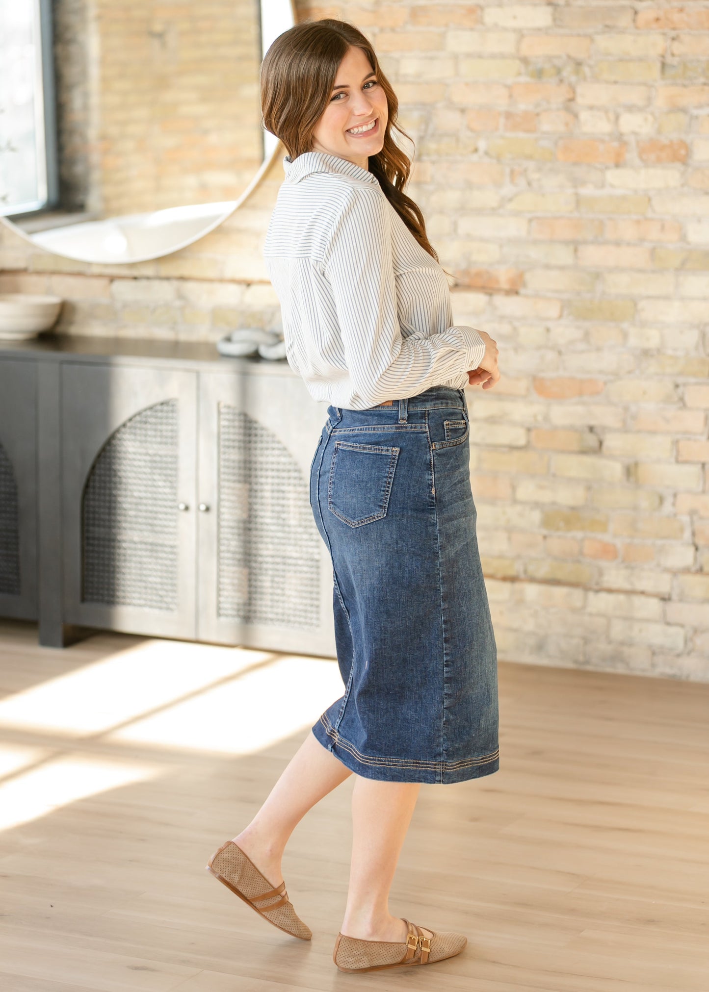 Bryn Dark Wash Denim Midi Skirt Dress
