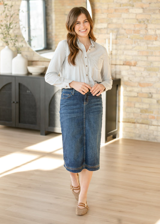 Bryn Dark Wash Denim Midi Skirt Dress