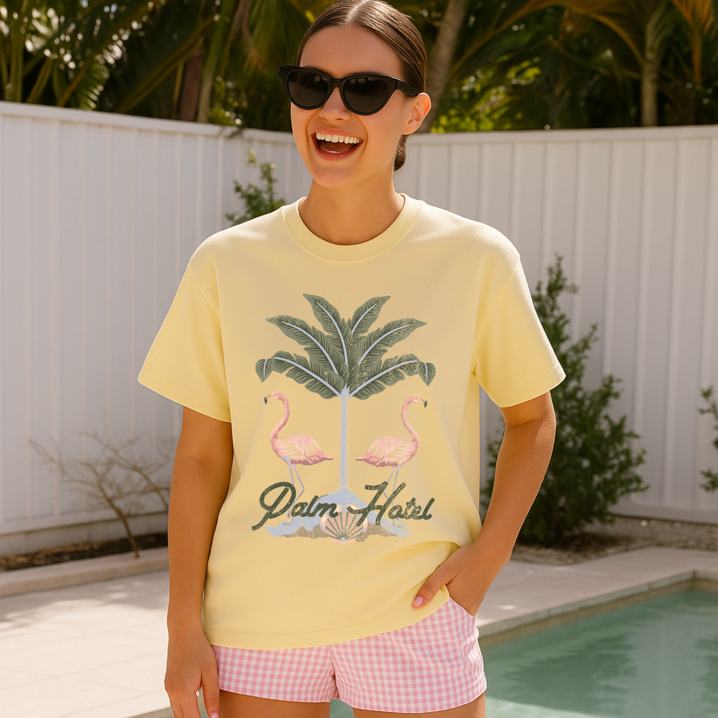Palm Oasis Flamingo Graphic Tee | Beach Vacation Aesthetic Tee | Summer Resort Style |